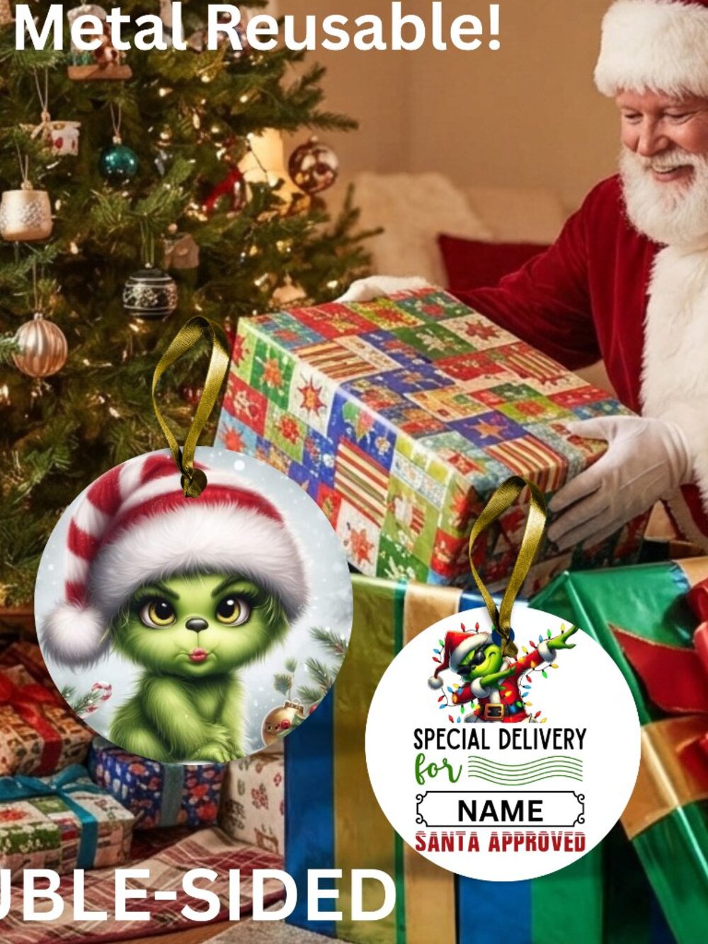 Grinch Santa Reusable Metal Christmas Tag Personalized